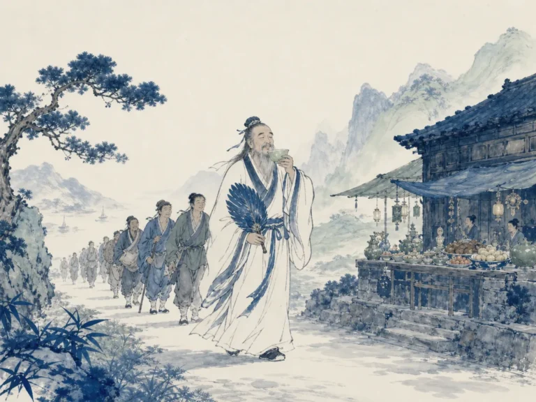 Solitary mountain temple beacon standing tall while travelers walk toward peaceful sanctuary in evening mist in serene atmospheric Chinese ink wash, illustrating holding to the great form of Tao where the world finds safety and rest on ChiDestiny