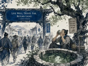 Traveler pausing by quiet teahouse window ignoring noisy street carnival parade down the lane in delicate Chinese ink brushwork contrasting stillness and movement, illustrating choosing enduring substance over ephemeral entertainment on ChiDestiny