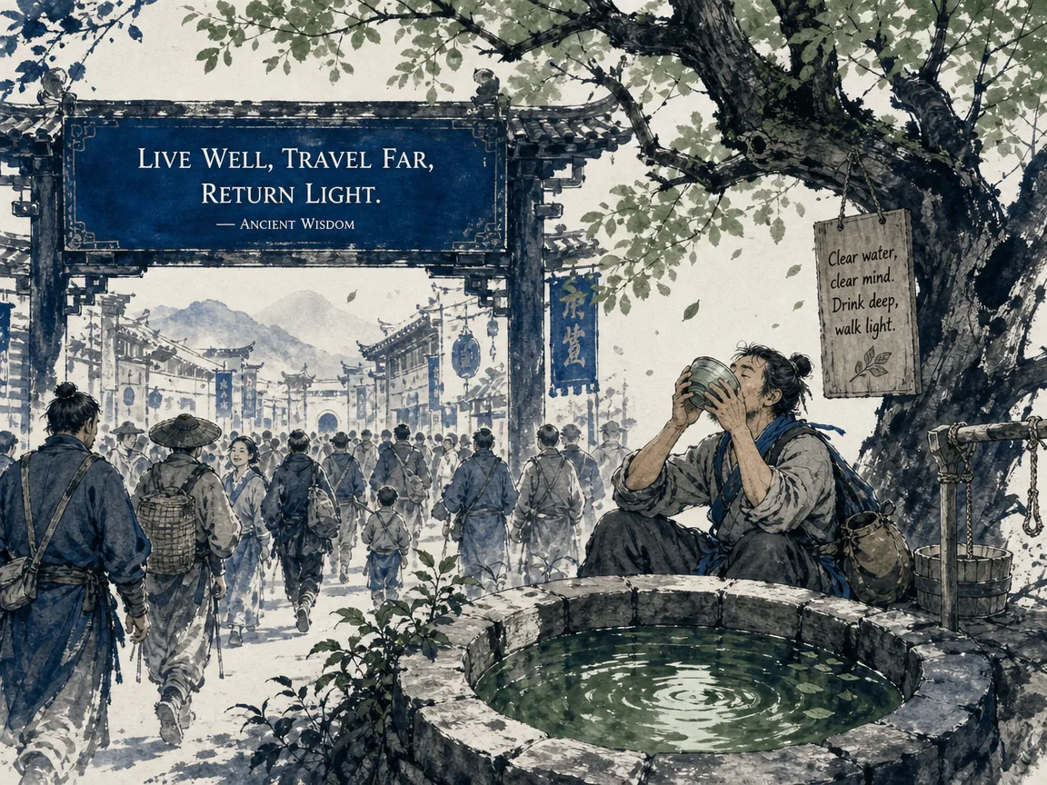 Traveler pausing by quiet teahouse window ignoring noisy street carnival parade down the lane in delicate Chinese ink brushwork contrasting stillness and movement, illustrating choosing enduring substance over ephemeral entertainment on ChiDestiny