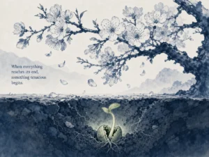 Single falling yellow leaf on unruffled pond signaling the arrival of autumn before winter cold in poetic Song-inspired ink wash with singular focal point, illustrating detecting cyclical turning points before they become obvious crises on ChiDestiny