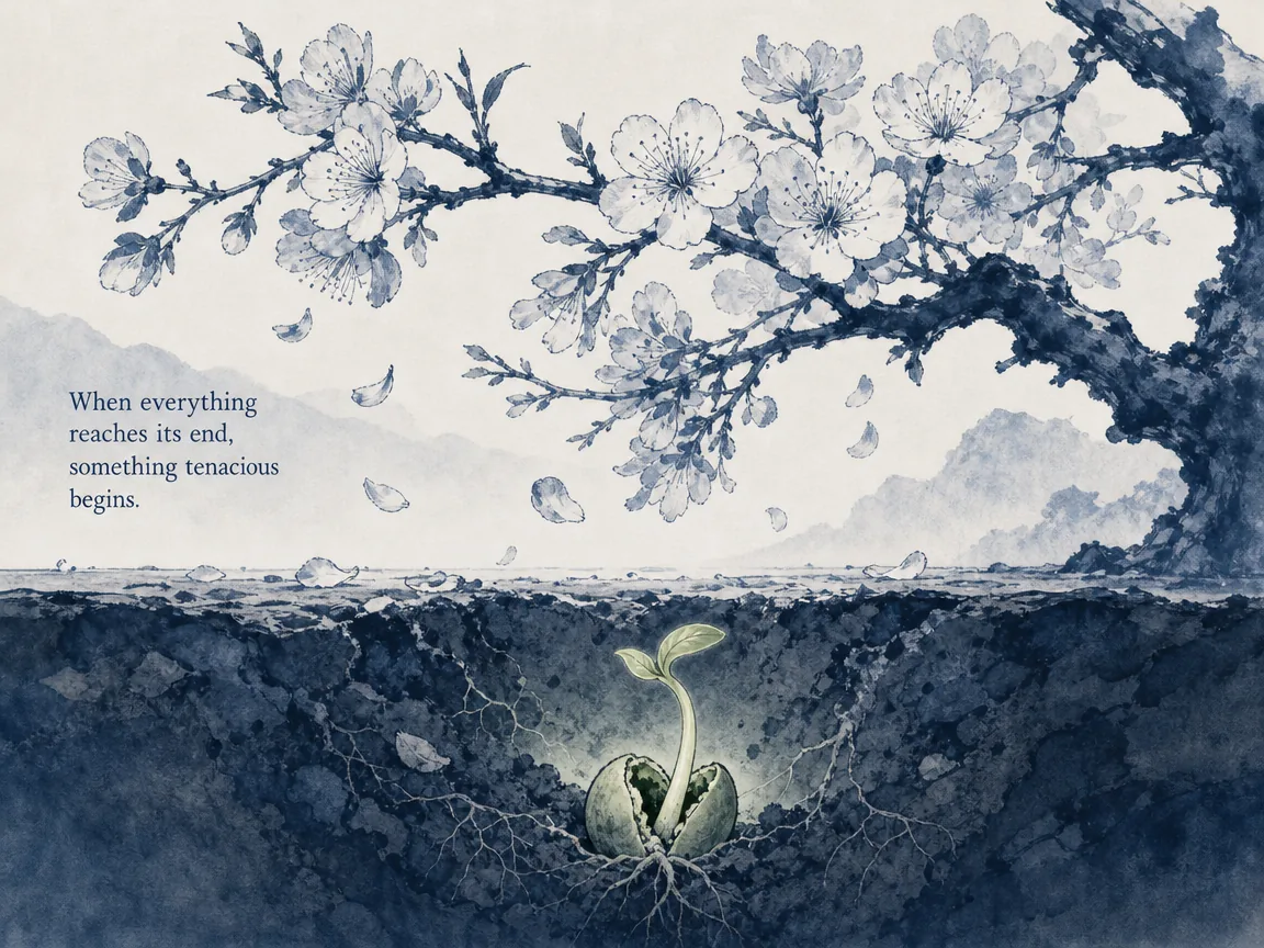 Single falling yellow leaf on unruffled pond signaling the arrival of autumn before winter cold in poetic Song-inspired ink wash with singular focal point, illustrating detecting cyclical turning points before they become obvious crises on ChiDestiny