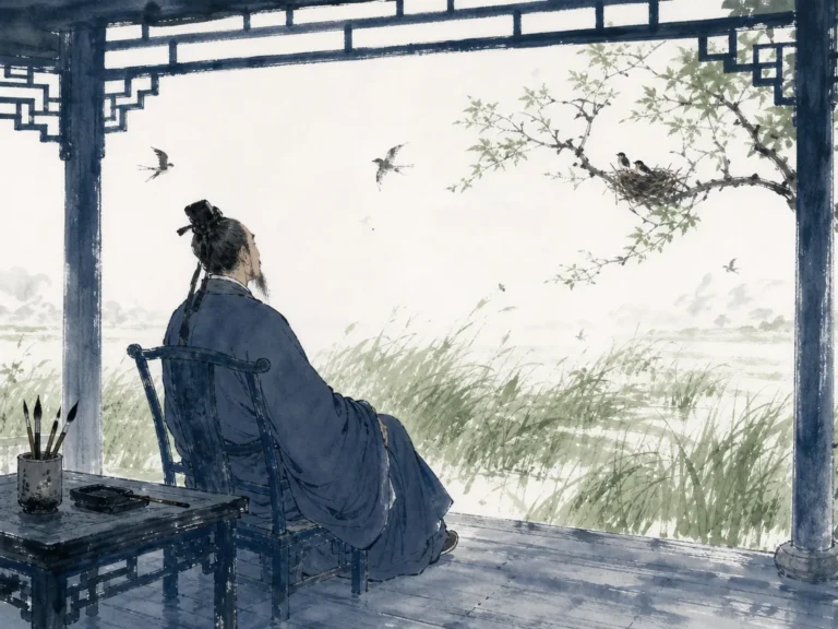 Ancient pine tree standing unmoving while seasons shift effortlessly around its roots in classic Song dynasty inspired ink painting, illustrating the Tao never acts, yet leaves nothing unfinished through quiet stillness on ChiDestiny