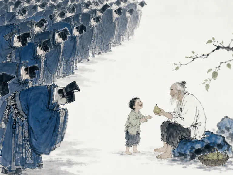 Humble scholar walking along forest edge clad in coarse hemp robe while holding precious jade close to chest in understated literati monochrome portrait, illustrating highest virtue that never makes a display of virtue on ChiDestiny