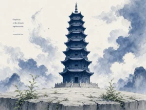 Humble stone foundation stones supporting a soaring wooden pagoda amidst swirling mountain clouds in architectural Chinese ink painting with grand height, illustrating remembering that exalted achievements depend entirely on humble roots on ChiDestiny