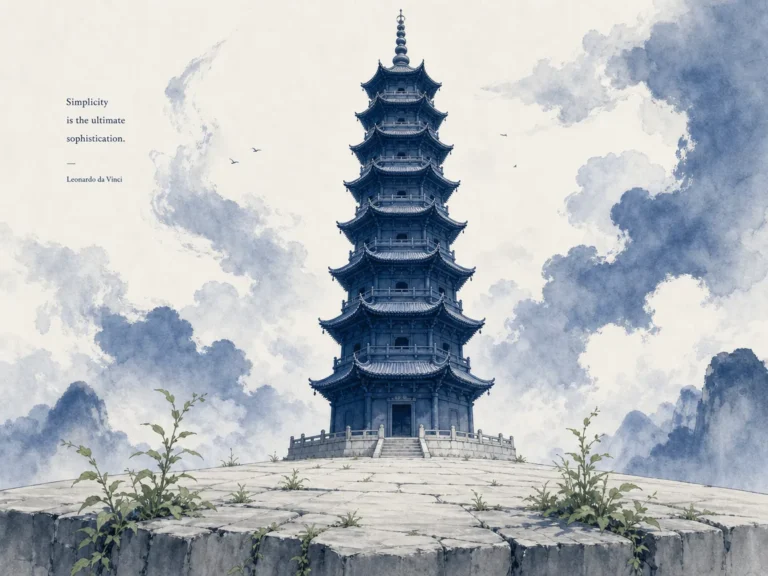 Humble stone foundation stones supporting a soaring wooden pagoda amidst swirling mountain clouds in architectural Chinese ink painting with grand height, illustrating remembering that exalted achievements depend entirely on humble roots on ChiDestiny