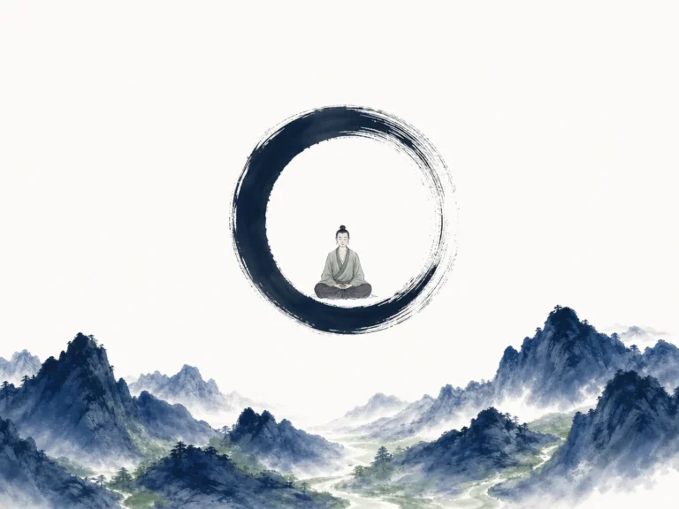 Single clear lotus blossom rising above deep dark unruffled pond under clear vaulted sky in delicate balanced ink brushwork with deep contrasts, illustrating attaining the One to sustain clarity, vitality, and peace on ChiDestiny