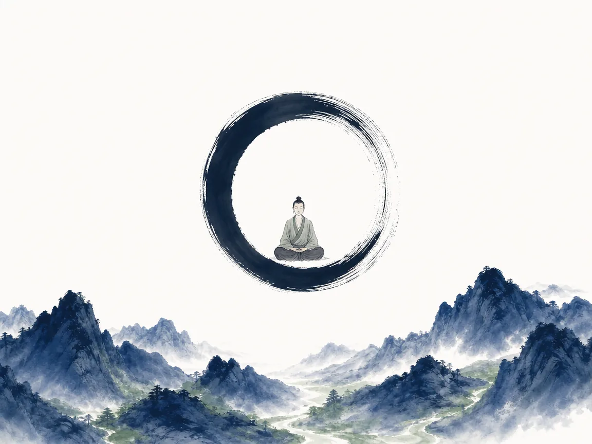 Single clear lotus blossom rising above deep dark unruffled pond under clear vaulted sky in delicate balanced ink brushwork with deep contrasts, illustrating attaining the One to sustain clarity, vitality, and peace on ChiDestiny