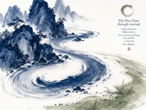 Circular spiral path winding down from rocky summit back to warm hearth cottage in valley in contemplative Chinese ink landscape with circular rhythm, illustrating stepping backward to find true progress and creative renewal on ChiDestiny