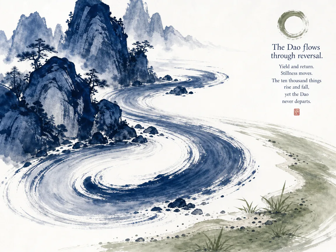Circular spiral path winding down from rocky summit back to warm hearth cottage in valley in contemplative Chinese ink landscape with circular rhythm, illustrating stepping backward to find true progress and creative renewal on ChiDestiny
