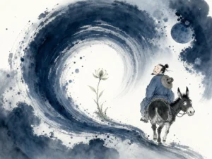 Circular ripples expanding gently outward from a single raindrop returning to calm lake surface in minimalist concentric ink strokes with vast water void, illustrating reversal as the movement of Tao and yielding as its function on ChiDestiny