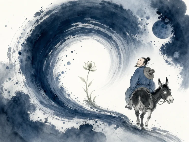 Circular ripples expanding gently outward from a single raindrop returning to calm lake surface in minimalist concentric ink strokes with vast water void, illustrating reversal as the movement of Tao and yielding as its function on ChiDestiny