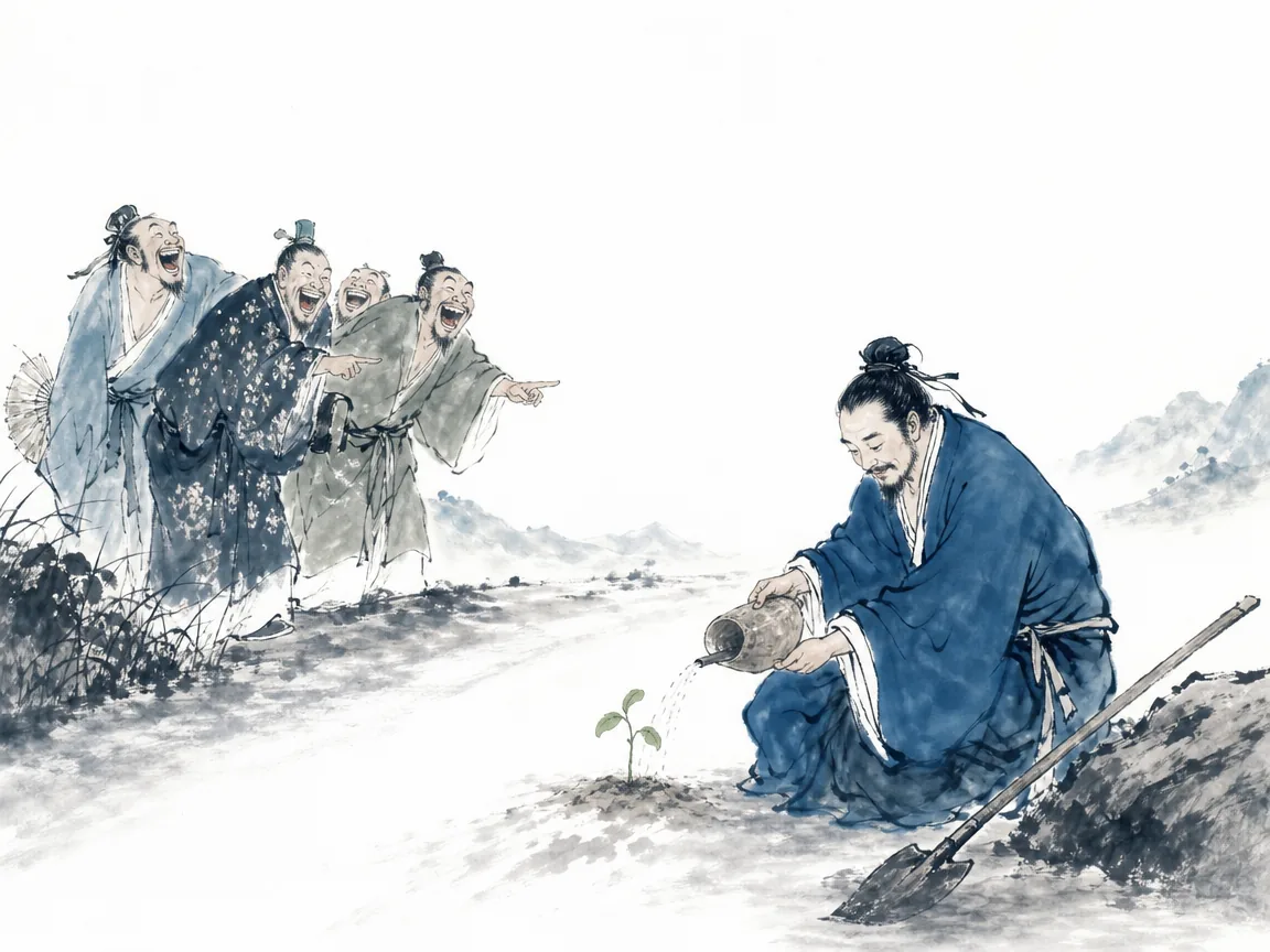 Solitary traveler persevering along rugged winding mountain path while distant valleys laugh in amusement in expressive brushwork with dramatic mountain textures, illustrating how the highest wisdom often appears paradoxical and opposite to common views on ChiDestiny