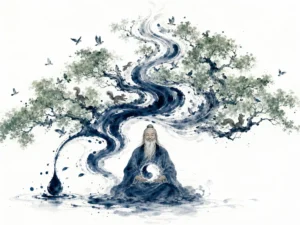 Sprouting seedling emerging from dark soil toward light carrying yin and yang energies in balance in delicate botanical and landscape ink wash, illustrating the Tao giving birth to the One, Two, and Three to create harmony on ChiDestiny