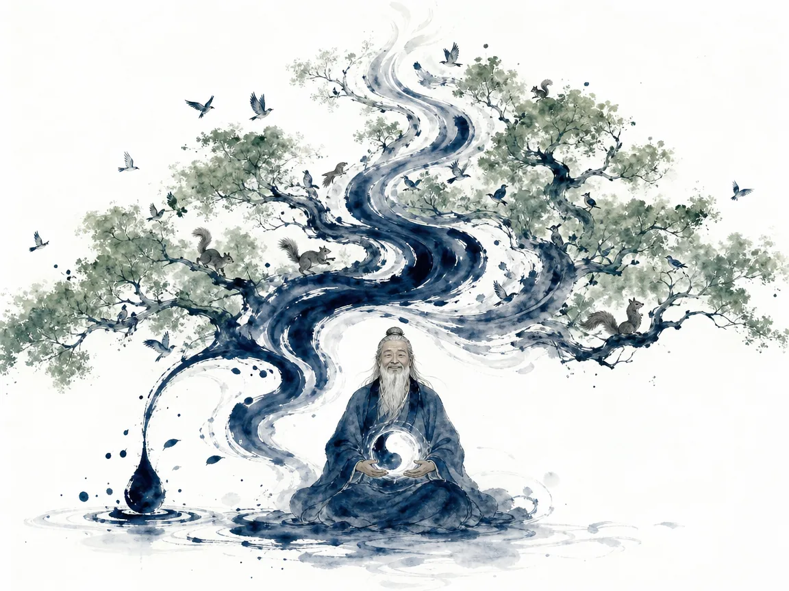 Sprouting seedling emerging from dark soil toward light carrying yin and yang energies in balance in delicate botanical and landscape ink wash, illustrating the Tao giving birth to the One, Two, and Three to create harmony on ChiDestiny