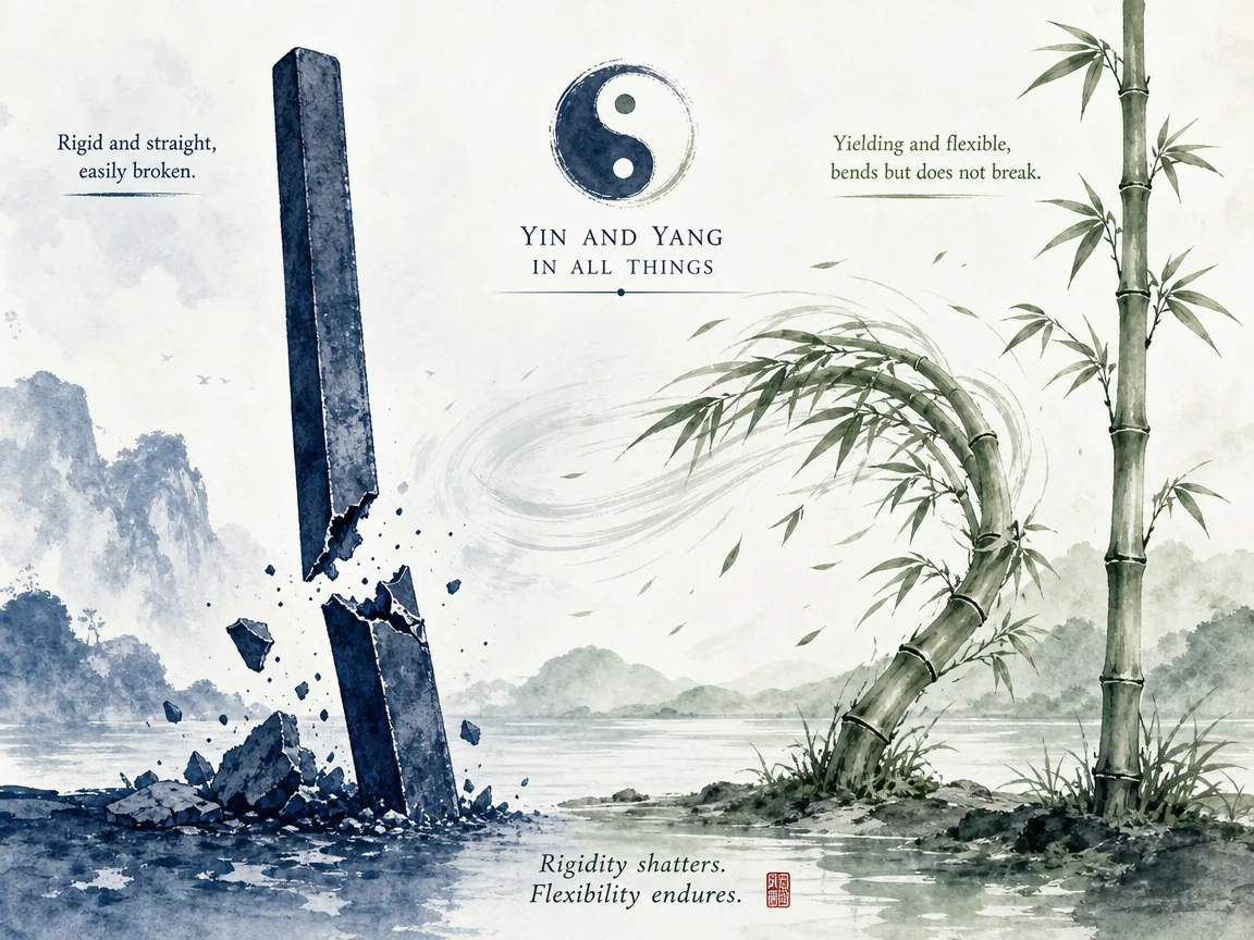 Rigid iron rod showing stress fractures while adjacent supple willow branch sways unharmed in wind in symbolic Chinese ink painting comparing metal and wood, illustrating the hidden vulnerability of unyielding dominance on ChiDestiny