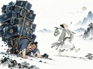 Simple wooden walking staff and straw sandals resting beneath shading pine overlooking distant opulent palace in evocative literati ink composition, illustrating evaluating whether fame, wealth, or one's living spirit is truly dearer on ChiDestiny