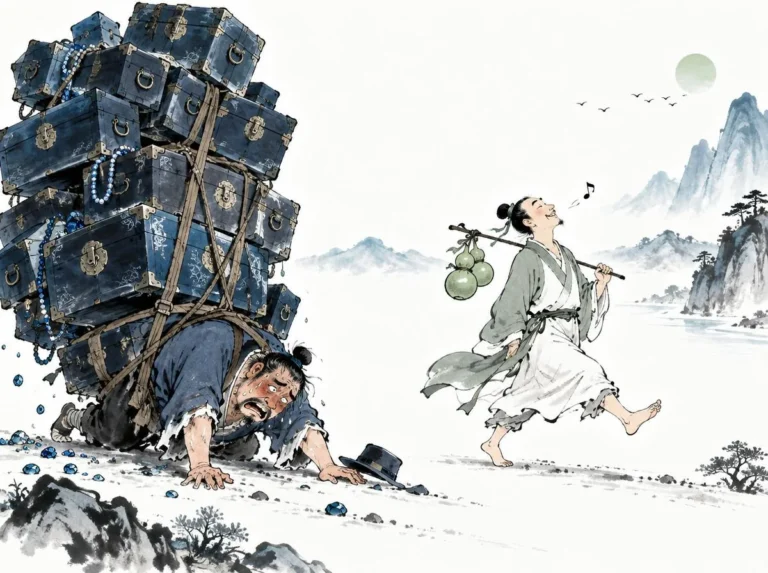 Simple wooden walking staff and straw sandals resting beneath shading pine overlooking distant opulent palace in evocative literati ink composition, illustrating evaluating whether fame, wealth, or one's living spirit is truly dearer on ChiDestiny