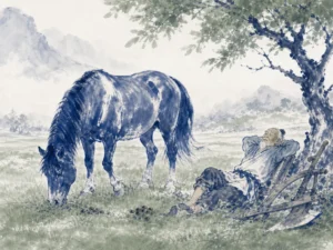 Peaceful plow horse grazing quietly in green pastoral valley beneath distant snow mountains in pastoral Chinese landscape ink wash, illustrating knowing contentment as the greatest wealth and avoiding endless greed on ChiDestiny