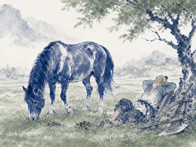 Peaceful plow horse grazing quietly in green pastoral valley beneath distant snow mountains in pastoral Chinese landscape ink wash, illustrating knowing contentment as the greatest wealth and avoiding endless greed on ChiDestiny