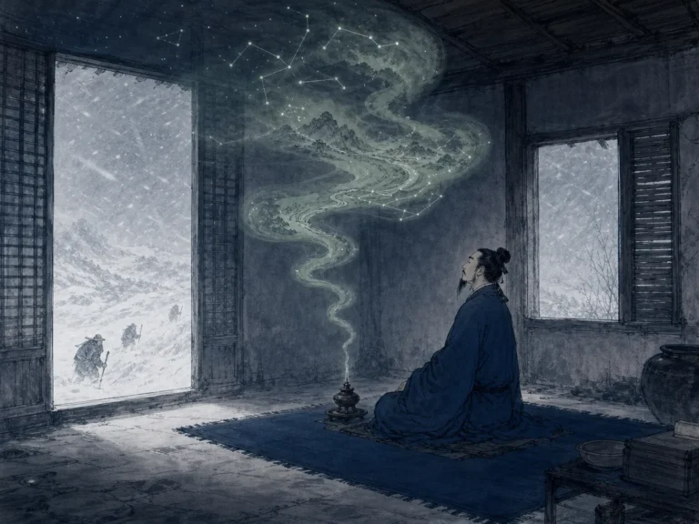 Sage sitting quietly beside moonlit lattice window gazing into the night sky with serene inner sight in introspective monochrome ink painting with soft shadows, illustrating understanding the essence of the world without traveling to outer extremes on ChiDestiny
