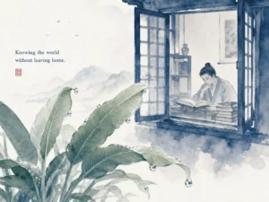 Person setting down binoculars to close eyes and listen to the murmuring mountain stream nearby in introspective monochrome ink painting, illustrating how endless information gathering often dilutes fundamental understanding on ChiDestiny