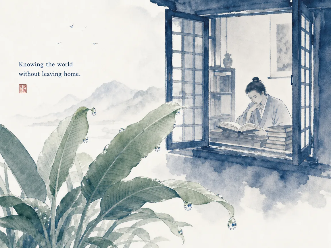 Person setting down binoculars to close eyes and listen to the murmuring mountain stream nearby in introspective monochrome ink painting, illustrating how endless information gathering often dilutes fundamental understanding on ChiDestiny