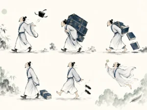 Scholar clearing calligraphy desk leaving only single brush, inkstone, and open window to mountain breeze in minimalist literati studio scene in ink wash, illustrating in learning one gains daily; in following Tao one decreases daily on ChiDestiny