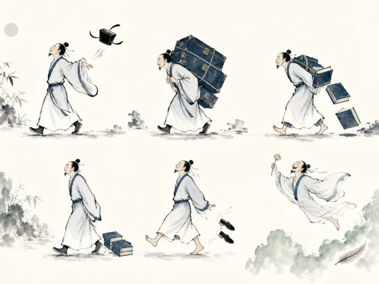 Scholar clearing calligraphy desk leaving only single brush, inkstone, and open window to mountain breeze in minimalist literati studio scene in ink wash, illustrating in learning one gains daily; in following Tao one decreases daily on ChiDestiny