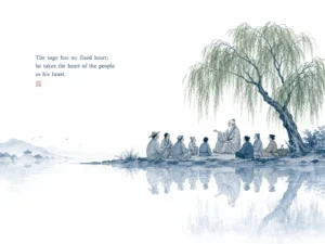 Manager listening with gentle unhurried attention to junior colleague across quiet tea table in warm humanist Chinese ink sketch, illustrating listening openly without defensive filters to see reality clearly on ChiDestiny