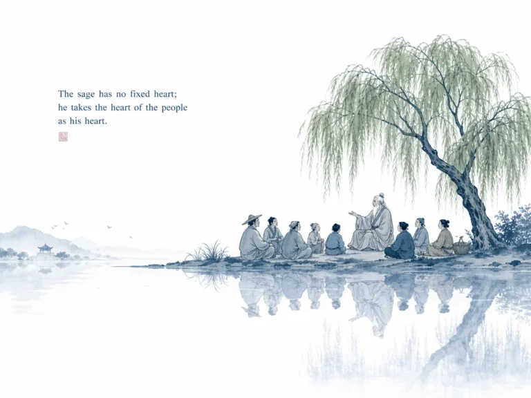 Manager listening with gentle unhurried attention to junior colleague across quiet tea table in warm humanist Chinese ink sketch, illustrating listening openly without defensive filters to see reality clearly on ChiDestiny