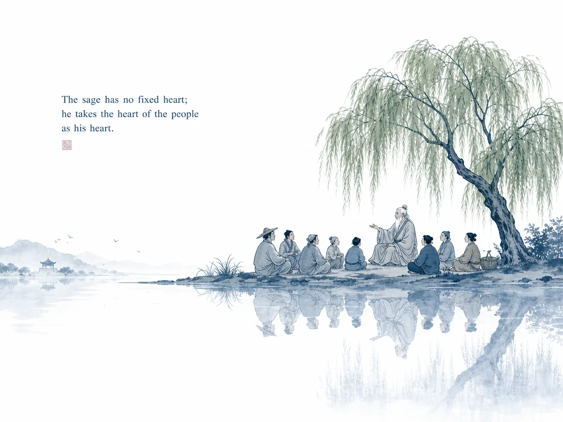 Manager listening with gentle unhurried attention to junior colleague across quiet tea table in warm humanist Chinese ink sketch, illustrating listening openly without defensive filters to see reality clearly on ChiDestiny