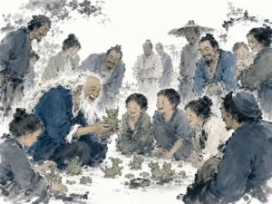 Village elder listening with kind open posture to gathered townspeople under ancient spreading banyan tree in warm humanist ink brush painting, illustrating the sage having no fixed mind of his own, making the people's heart his own on ChiDestiny