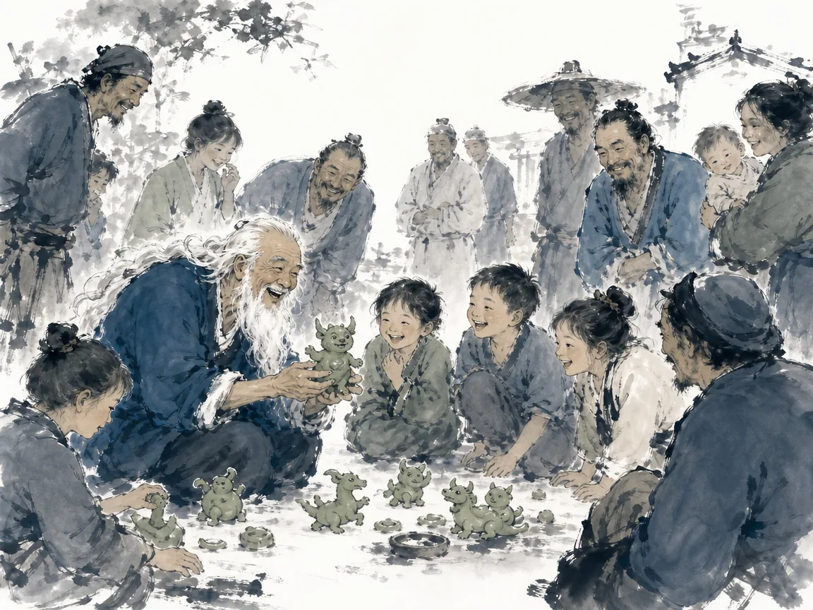 Village elder listening with kind open posture to gathered townspeople under ancient spreading banyan tree in warm humanist ink brush painting, illustrating the sage having no fixed mind of his own, making the people's heart his own on ChiDestiny