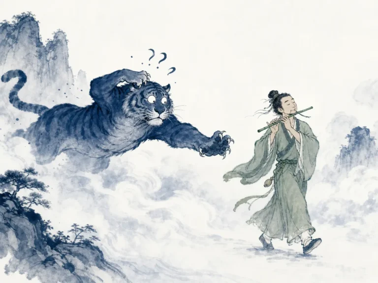Serene traveler walking calmly through misty wild forest with grazing deer and silent shadows undisturbed in mystical classical ink landscape, illustrating mastering life energy so external perils find no mortal foothold on ChiDestiny
