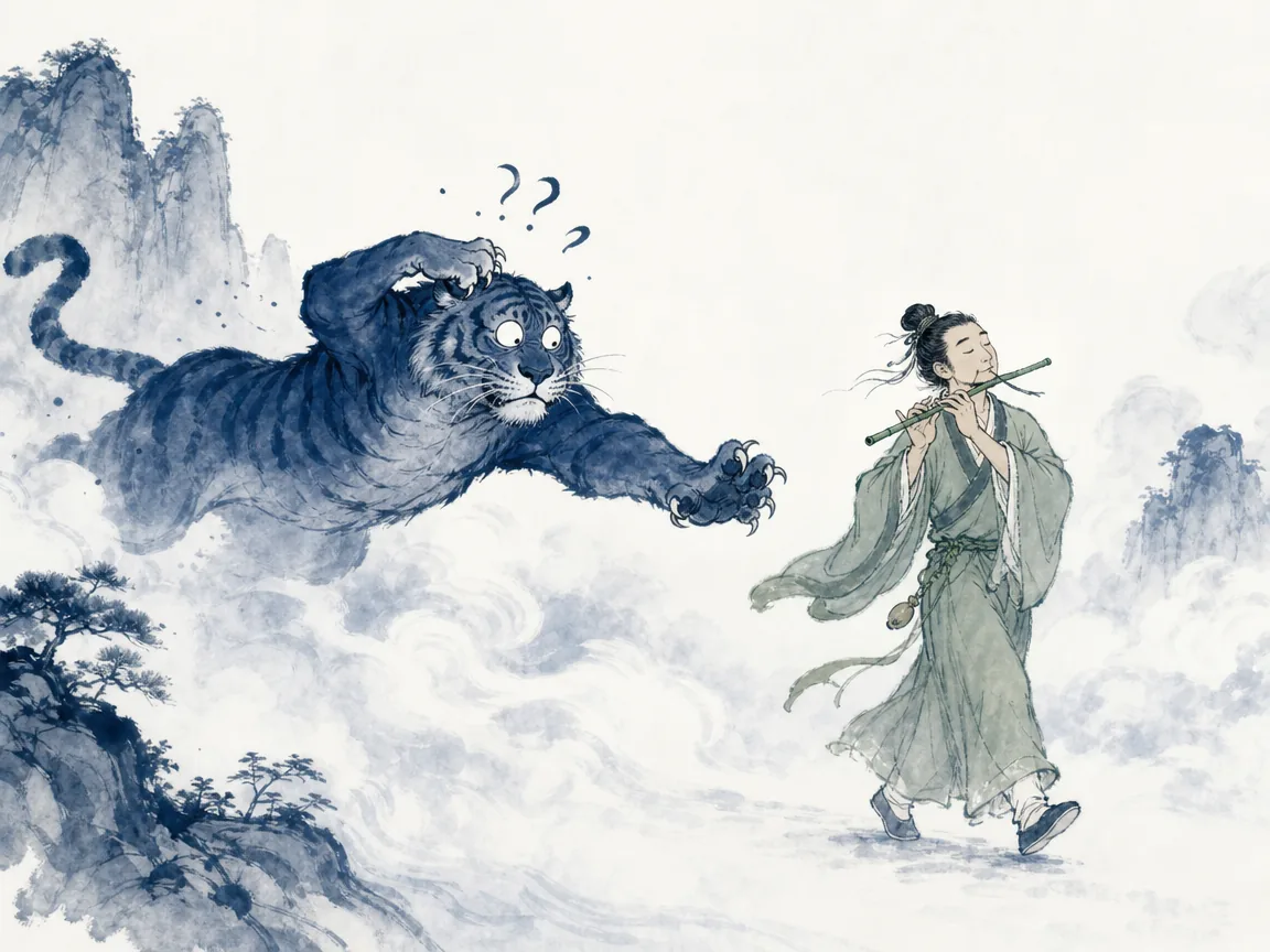 Serene traveler walking calmly through misty wild forest with grazing deer and silent shadows undisturbed in mystical classical ink landscape, illustrating mastering life energy so external perils find no mortal foothold on ChiDestiny