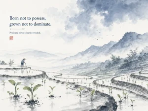 Gardener gently propping up young sapling with loose twine that allows free movement in wind in nurturing botanical Chinese ink painting, illustrating fostering growth in others without imposing possessive control on ChiDestiny