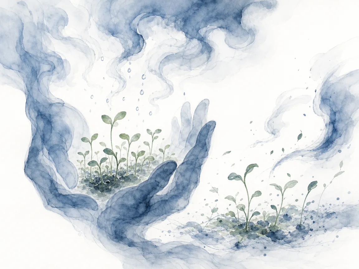Sunlight filtering through forest canopy warming young saplings without suffocating their growth in luminous Chinese landscape ink wash, illustrating the Tao giving life and virtue nurturing all things without claiming ownership on ChiDestiny