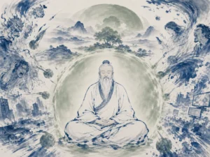 Gentle mother bird sheltering nestlings under her wings in a sheltered mountain cleft in tender naturalistic Chinese ink painting, illustrating knowing the children by holding fast to the cosmic mother and guarding one's inner vitality on ChiDestiny