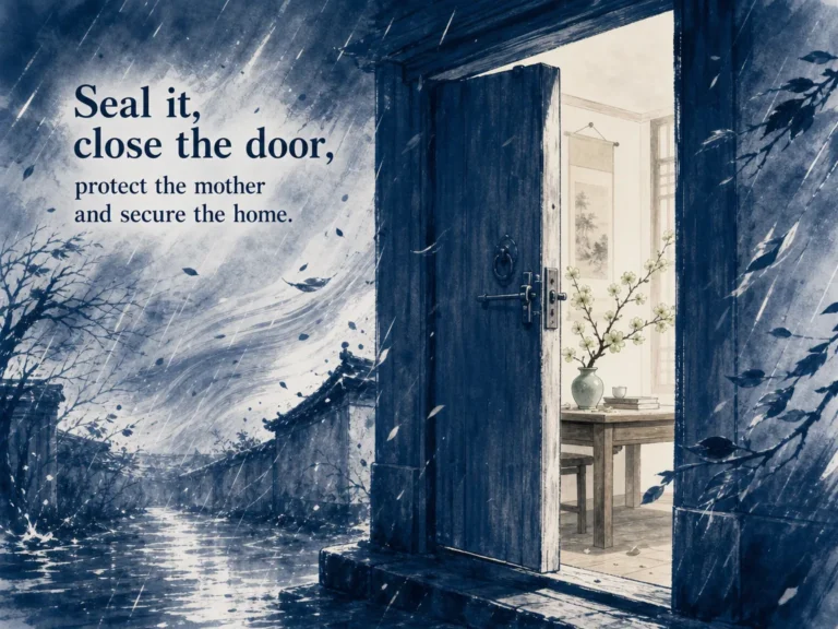Quiet scholar closing wooden courtyard gates at dusk to preserve peaceful hearth glow inside in peaceful atmospheric twilight ink wash, illustrating closing outer sensory gates to guard precious inner energy on ChiDestiny