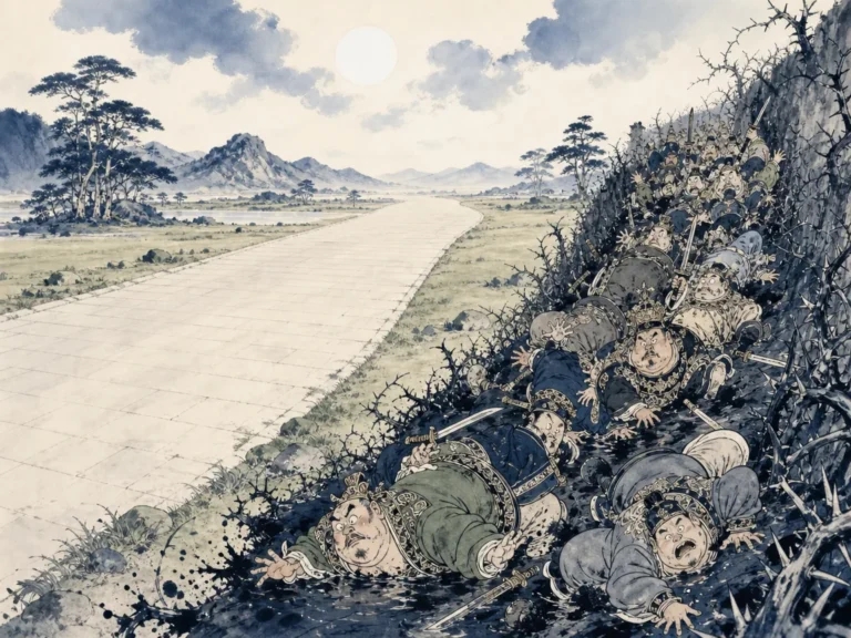 Broad open stone road winding straight across mountain pass while overgrown flashy detours fade into thorn bushes in clear architectural and landscape ink wash, illustrating staying upon the broad main road and rejecting flashy decadent detours on ChiDestiny
