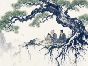 Ancient pine tree with massive exposed roots clutching deep into granite rock above roaring canyon in powerful textured ink brushwork, illustrating what is firmly planted cannot be uprooted; what is tightly held cannot slip away on ChiDestiny