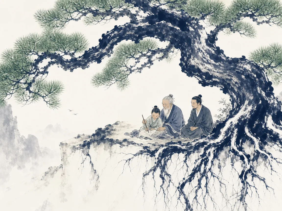 Ancient pine tree with massive exposed roots clutching deep into granite rock above roaring canyon in powerful textured ink brushwork, illustrating what is firmly planted cannot be uprooted; what is tightly held cannot slip away on ChiDestiny