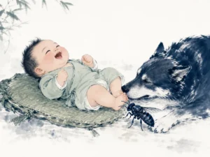 Newborn child resting peacefully in bamboo cradle, whole and completely relaxed in primal vigor in soft evocative monochrome brushwork, illustrating the abundant vitality and supple resilience of the newborn infant on ChiDestiny