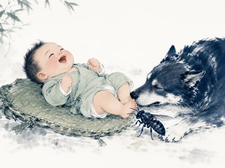 Newborn child resting peacefully in bamboo cradle, whole and completely relaxed in primal vigor in soft evocative monochrome brushwork, illustrating the abundant vitality and supple resilience of the newborn infant on ChiDestiny