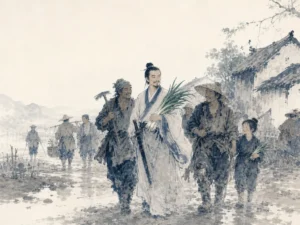 Scholar with finger gently placed in thoughtful silence beside a clear mountain spring at dusk in serene contemplative literati portrait in ink wash, illustrating those who know do not speak; those who speak do not know on ChiDestiny