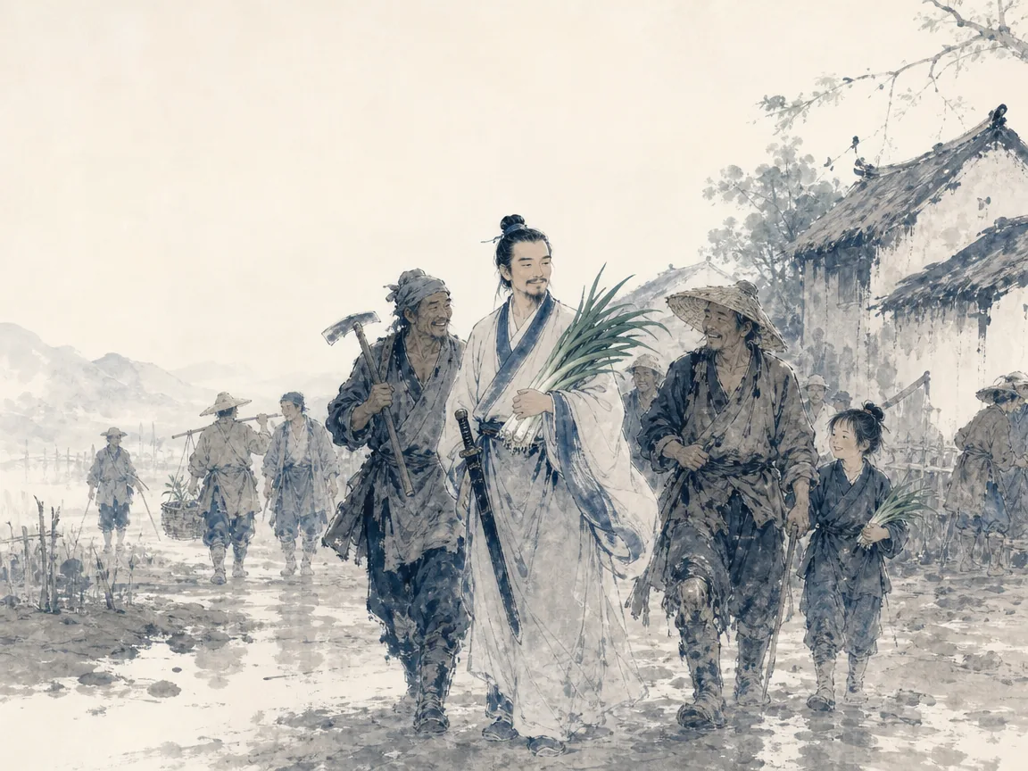Scholar with finger gently placed in thoughtful silence beside a clear mountain spring at dusk in serene contemplative literati portrait in ink wash, illustrating those who know do not speak; those who speak do not know on ChiDestiny