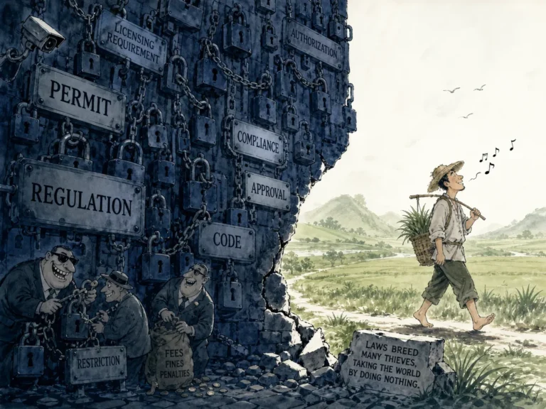 Heavy padlock falling open naturally when the doorframe is aligned with the prevailing breeze in minimalist metaphorical ink wash art, illustrating governing life through simplicity and non-interference on ChiDestiny