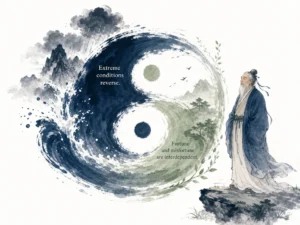 Fine string drawn so tight on guqin zither that it strains against snapping in the performer's hands in dramatic yet refined Chinese musical instrument ink study, illustrating how noble ideals turn toxic when pushed beyond natural limits on ChiDestiny