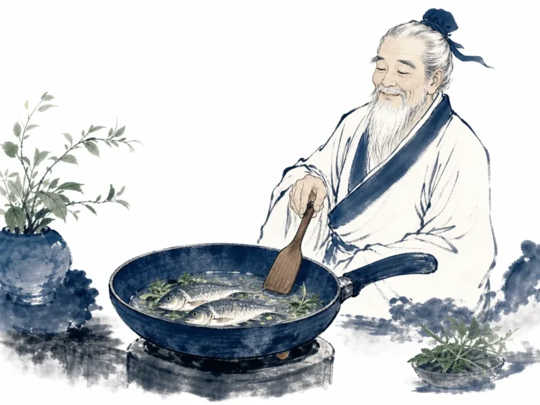 Delicate clay cooking pot simmering gently over glowing embers without being poked or stirred in warm domestic ink and brush scene, illustrating governing a great nation like frying small fish without excessive tossing on ChiDestiny