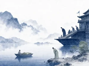 Great delta river widening peacefully as it meets the vast boundless ocean at twilight in expansive horizontal ink wash with sweeping water vistas, illustrating the great nation as the low-lying basin where all waters naturally gather on ChiDestiny